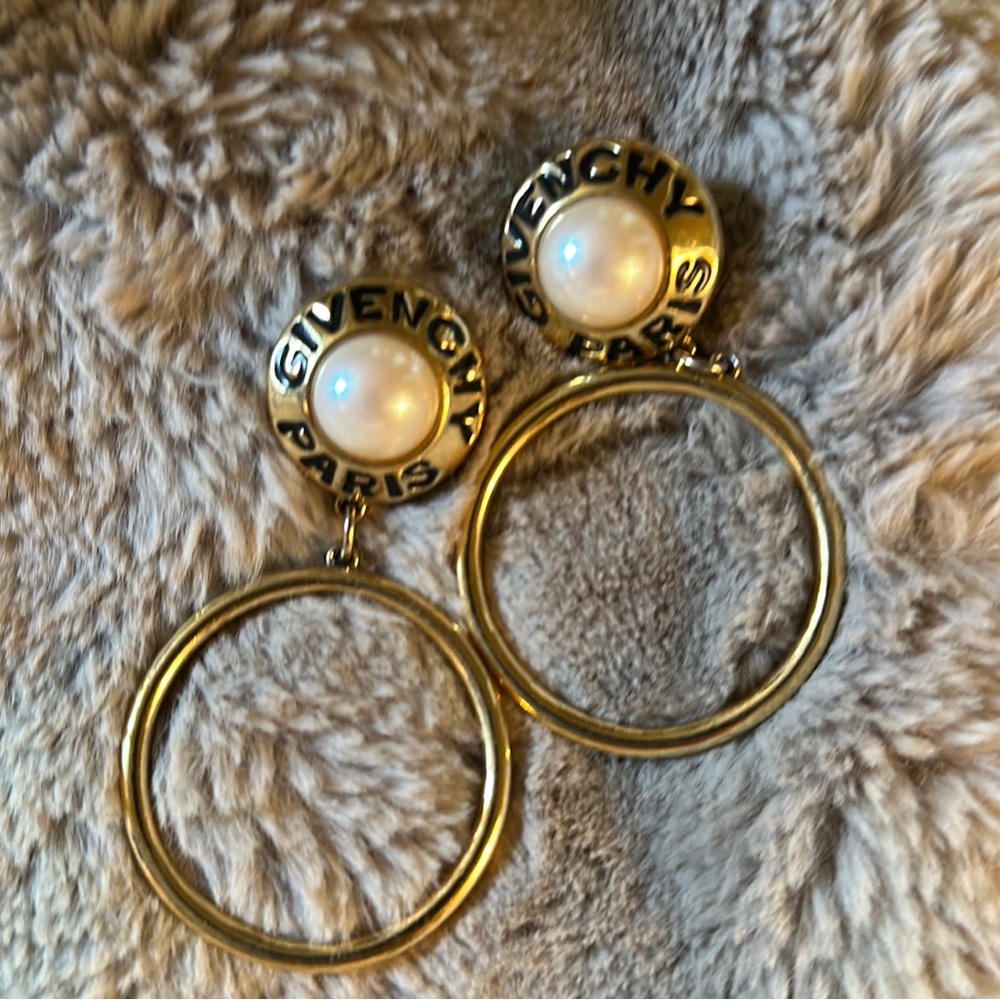 Givenchy Gold and White Pearl Hoop Earrings